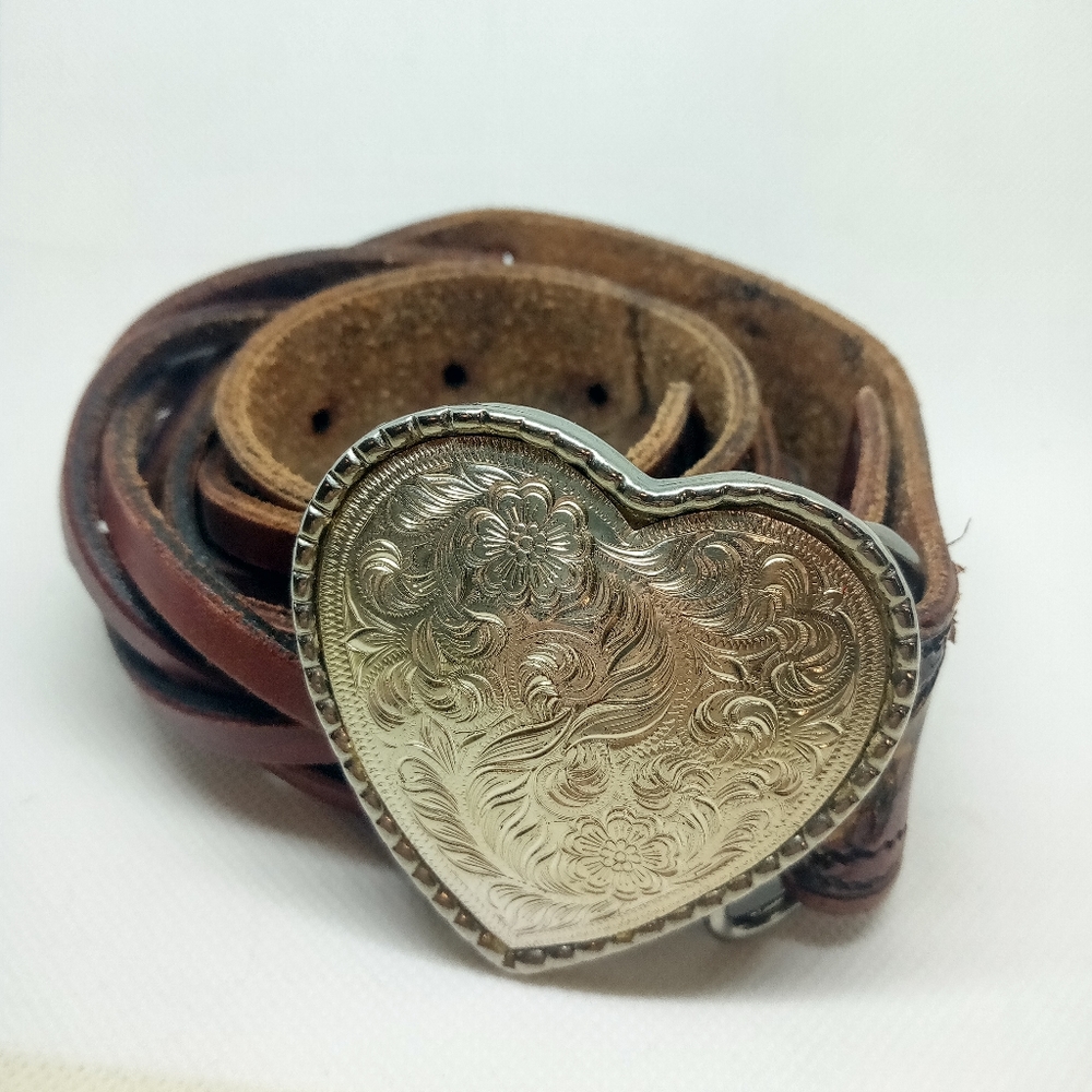 Genuine Leather Western Brown Braided & Tooled Belt W/ Silver Carved 💙Buckle